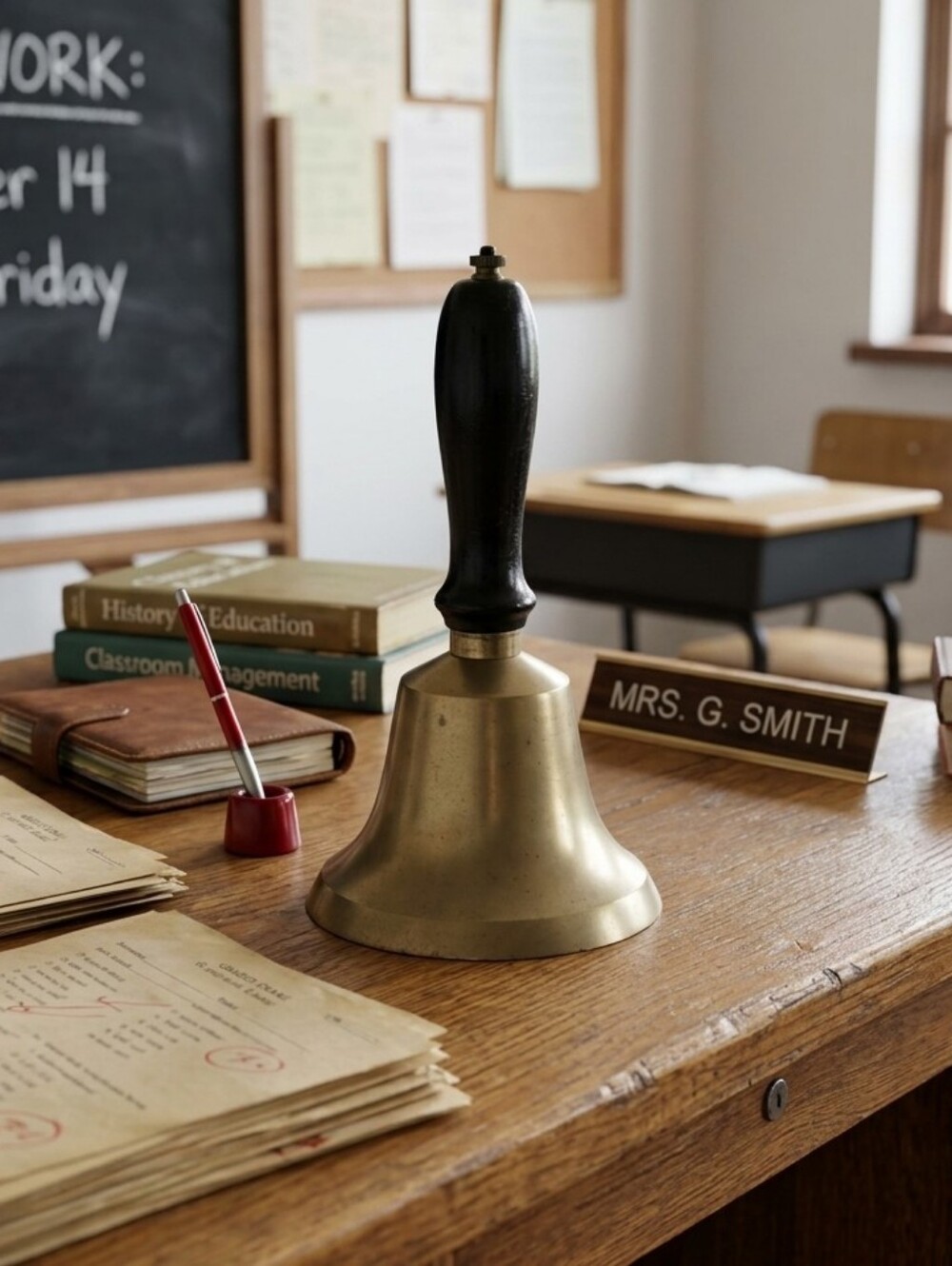 Vintage Hand Held Brass School Bell Wood Handle Town Crier Academia Home Decor